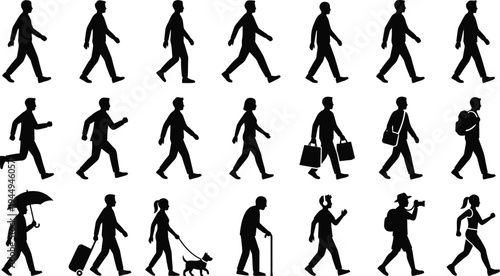 Collection of diverse human silhouettes illustrating various walking activities, carrying items, and ages.