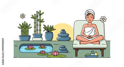 Serene meditation session in tranquil wellness room. Vector Illustrations. EPS Editable