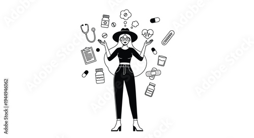 Vector illustration of woman surrounded by medical and technology icons