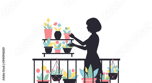 Silhouette Gardener Arranges Indoor Plant Shelves on Balcony. Vector Illustrations. EPS Editable
