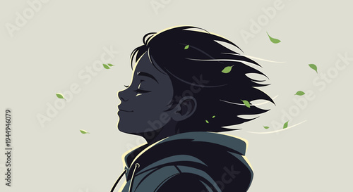 Silhouette of a Windy Traveler in Profile. Vector Illustrations. EPS Editable