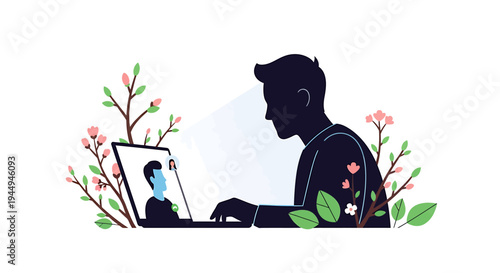 Silhouette of Person Working on Laptop in Nature Garden. Vector Illustrations. EPS Editable