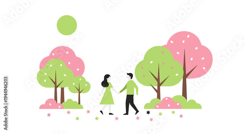 Two People Walking in Park Under pastel Trees. Vector Illustrations. EPS Editable