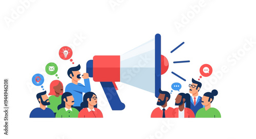 Public Communication and Engagement with Megaphone to Diverse Audience for Announcements and Discussion, Feedback Gathering