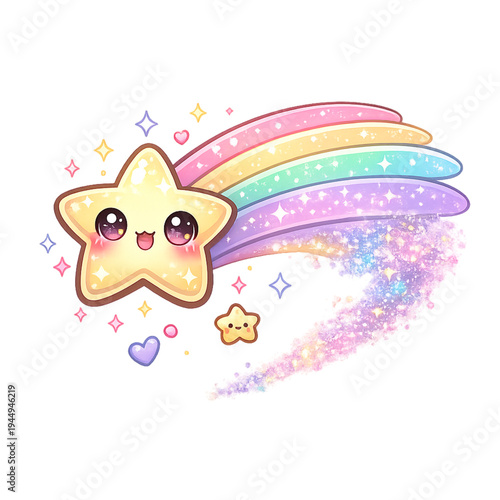 kawaii shooting star with pastel trail, adorable chibi shooting star illustration, cute smiling star character design, soft pastel yellow pink lavender and baby blue palette, sparkling eyes and rosy c