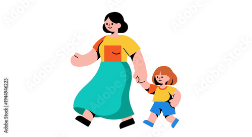 Mother and Child Holding Hands Walking Together in a Stylized Artistic Illustration