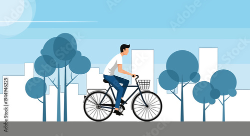 Urban cyclist rides through sunny park street scene. Vector Illustrations. EPS Editable