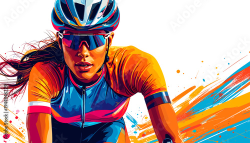 Vibrant Cycling Portrait of a Fast Road Racer with Colorful Splash. Vector Illustrations. EPS Editable