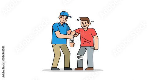 Man helping injured person with bandages on arm and leg