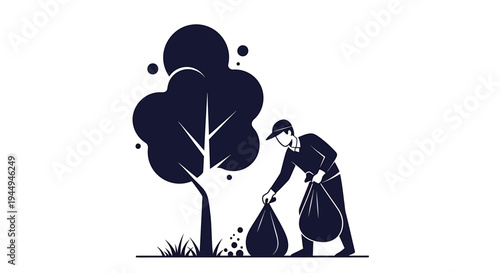 Volunteer Picking Up Trash By Tree In Clean Up Scene. Vector Illustrations. EPS Editable