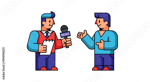 Flat Style Reporter Interviewing Man with Microphone for News Broadcast or Media Content Creation