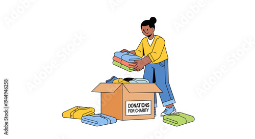 Volunteer Donating Clothes And Boxes To Charity. Vector Illustrations. EPS Editable