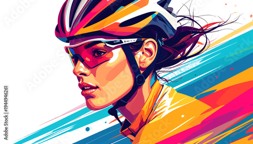 Vibrant Illustrated Portrait of a Female Cyclist in Motion. Vector Illustrations. EPS Editable