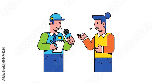 Journalist interviewing a person for a news report with microphone and notepad