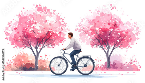 Watercolor Pink Blossom Bicycle Ride Through Spring Landscape. Vector Illustrations. EPS Editable