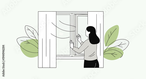 Woman at Window Looking Outside Amid Green Leaves and Quiet Light. Vector Illustrations. EPS Editable