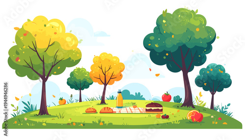 Whimsical Park Scene with Colorful Trees and Bench. Vector Illustrations. EPS Editable