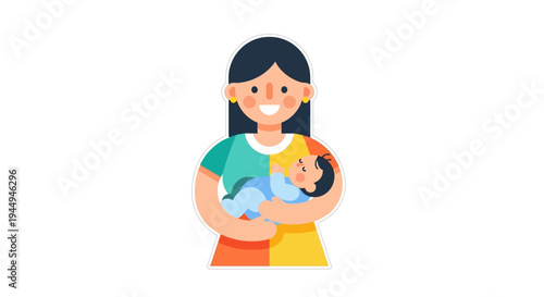 Heartwarming illustration depicting a loving mother gently cradling her newborn infant, symbolizing maternal affection and family bonding
