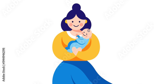 Colorful flat design illustration depicting a joyful mother affectionately holding her newborn baby, symbolizing maternal love, nurture, and family connection