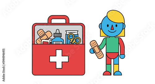 First Aid Kit and Cartoon Character with Bandages for Medical Care and Emergency Preparedness