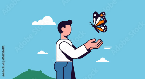 Young Man Releasing A Butterfly In Sunny Outdoor Scene. Vector Illustrations. EPS Editable