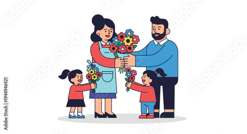 A loving family shares joy and appreciation, exchanging colorful bouquets of flowers in a heartwarming illustration of togetherness