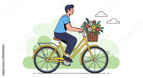 Young man riding bicycle with basket of flowers. Vector Illustrations. EPS Editable