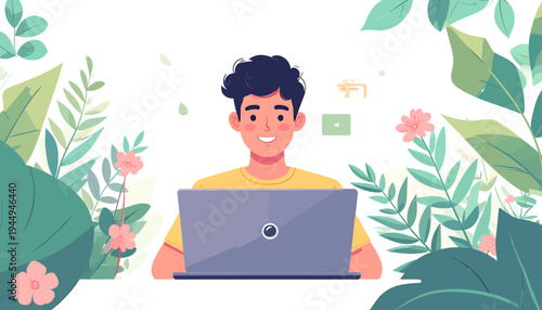 Young man with laptop working outdoors among lush tropical plants and greenery. Vector Illustrations. EPS Editable