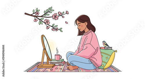 Young woman applying makeup at a vanity with blossoms nearby. Vector Illustrations. EPS Editable