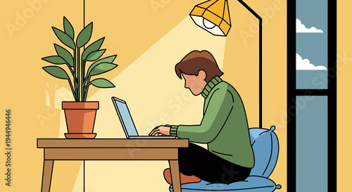 Young Person Working at Home Desk with Laptop and Plant. Vector Illustrations. EPS Editable