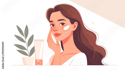 Young Woman Applying Skincare and Makeup. Vector Illustrations. EPS Editable