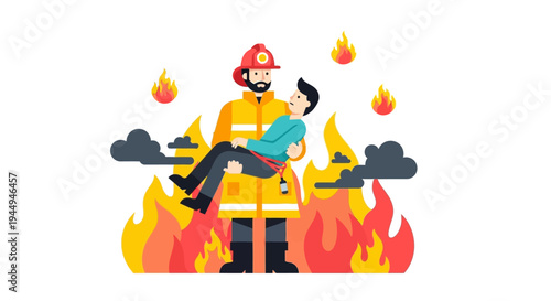 Firefighter heroically rescuing a person from a blazing inferno, embodying courage and safety services