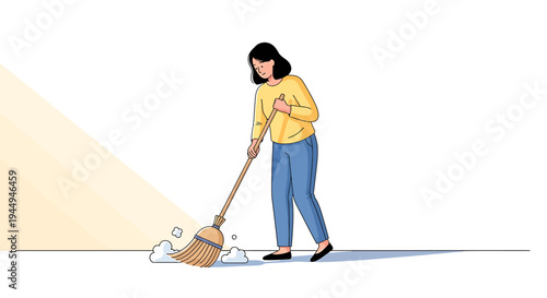Young woman cleaning floor with broom in bright home interior. Vector Illustrations. EPS Editable