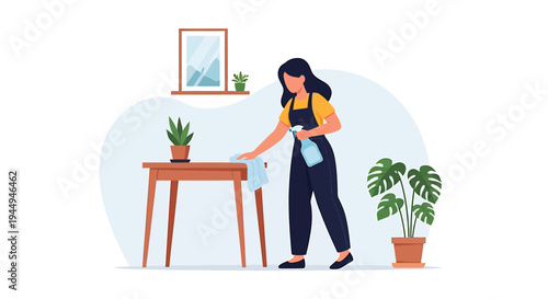 Young woman waters indoor plants in a cozy home workspace with potted greenery. Vector Illustrations. EPS Editable