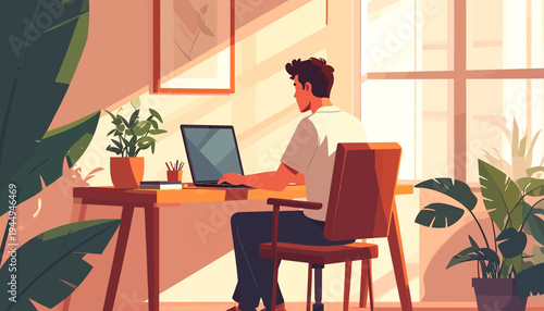 A Focused Person Works at a Bright Home Office with a Laptop. Vector Illustrations. EPS Editable