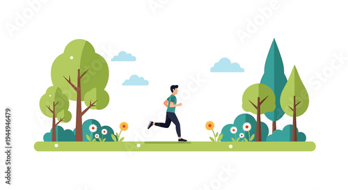 Active Outdoors Runner in Colorful Park Scene. Vector Illustrations. EPS Editable