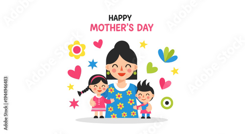Joyful Mother's Day Celebration with Loving Mom and Happy Children, Adorned with Colorful Hearts and Flowers