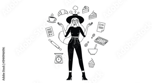 Vector illustration of woman surrounded by household and kitchen icons