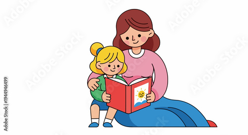 Mother reading a book to her child, depicting a warm and loving family moment, fostering imagination and learning