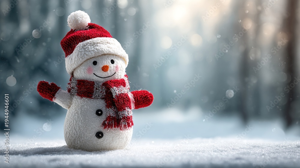 Fototapeta premium Cute plush snowman wearing a red scarf and hat in winter scene