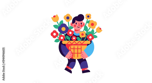 Cheerful Cartoon Child Carrying Colorful Flowers in Basket. Vector Illustrations. EPS Editable