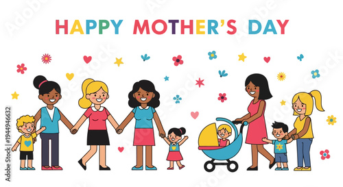 Happy Mother's Day celebration with diverse families, children, and mothers