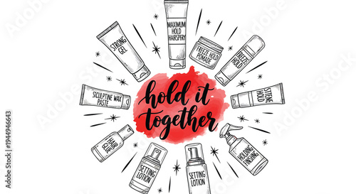 Set of 13 vector cosmetics icons and 'hold it together' phrase