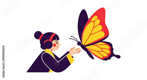 Child observing butterfly up close in imaginative moment. Vector Illustrations. EPS Editable
