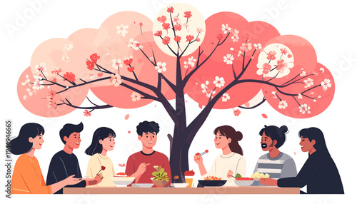 Children Gather Around Table Under Blossoming Tree for Creative Drawing. Vector Illustrations. EPS Editable