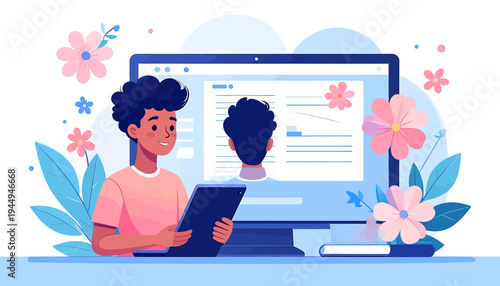 Collaborative Online Learning Duo With Laptop On Screen. Vector Illustrations. EPS Editable