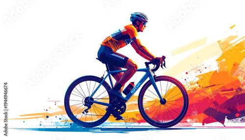 Colorful cyclist rides through vibrant splash artwork. Vector Illustrations. EPS Editable