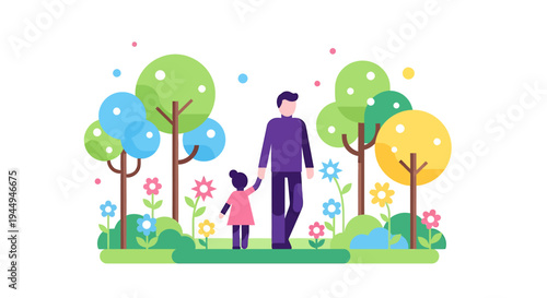 Colorful Park Family Scene with Trees Flowers and Sunlight. Vector Illustrations. EPS Editable