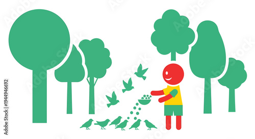 Colorful Outdoor Scene of Person Feeding Birds in a Green Park. Vector Illustrations. EPS Editable
