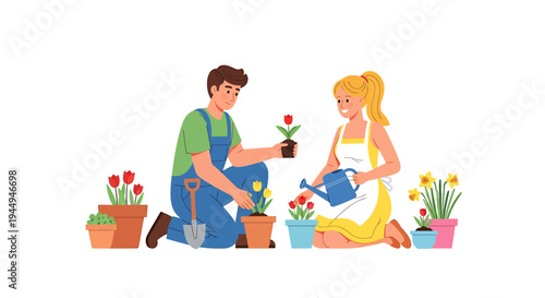 Couple Gardening Together in Sunny Garden with Potted Plants and Fresh Flowers. Vector Illustrations. EPS Editable